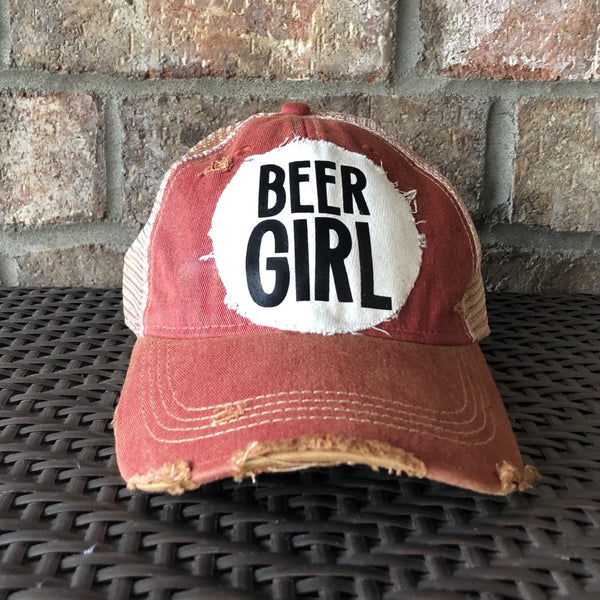Beer Girl hat by BohoGroove with black Beer Girl lettering on a distressed off-white patch on a brick red vintage distressed snapback trucker hat.