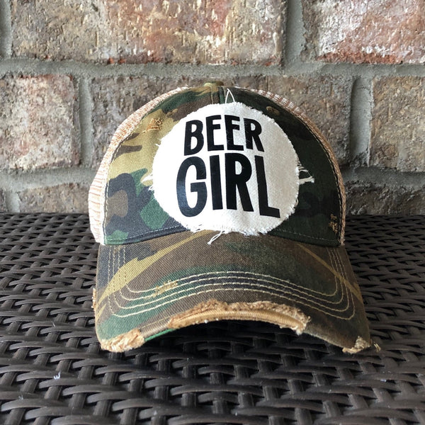 Beer Girl hat by BohoGroove with black Beer Girl lettering on a distressed off-white patch on a camo vintage distressed snapback trucker hat.