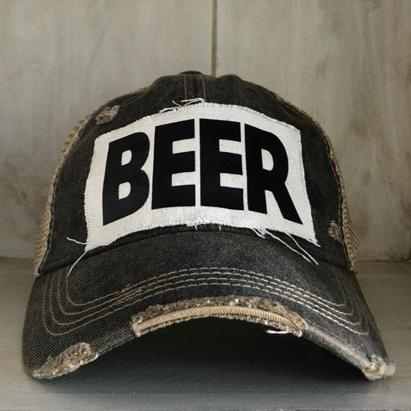 Beer hat by BohoGroove with black lettering on a distressed off-white custom patch on a black vintage distressed snapback.