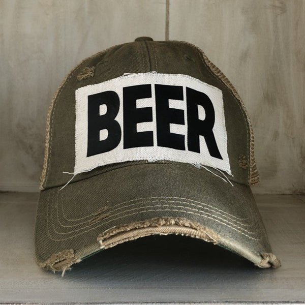 Beer hat by BohoGroove with black lettering on a distressed off-white custom patch on an olive vintage distressed snapback.