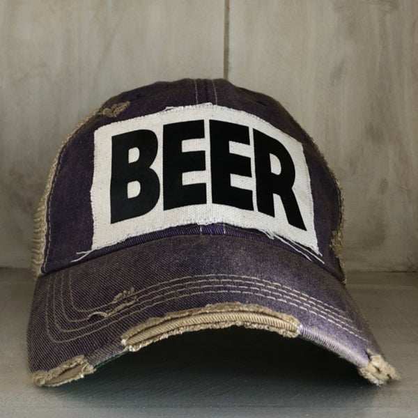 Beer hat by BohoGroove with black lettering on a distressed off-white custom patch on a purple vintage distressed snapback.