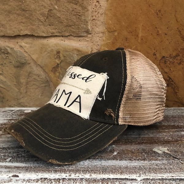 Blessed Mama hat by BohoGroove featuring black Blessed Mama lettering and arrow graphic on a black vintage distressed snapback hat right side