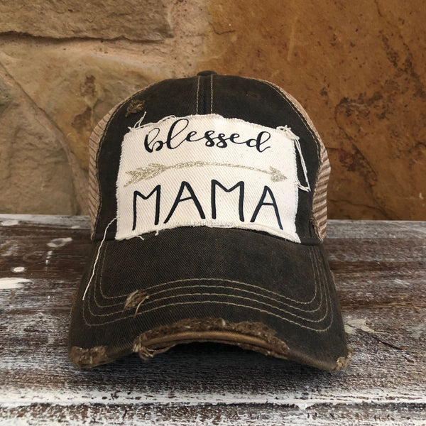 Blessed Mama hat by BohoGroove featuring black Blessed Mama lettering and arrow graphic on a black vintage distressed snapback hat