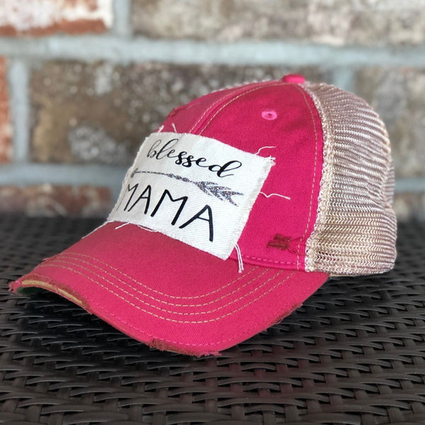 Blessed Mama hat by BohoGroove featuring black Blessed Mama lettering and arrow graphic on a pink vintage distressed snapback hat right side 