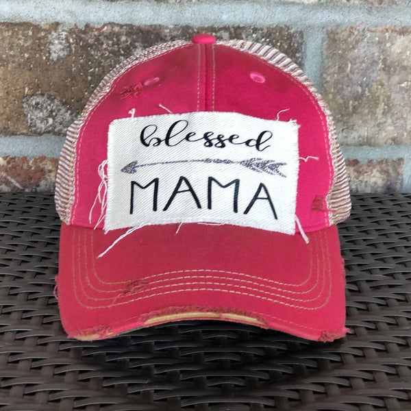 Blessed Mama hat by BohoGroove featuring black Blessed Mama lettering and arrow graphic on a pink vintage distressed snapback hat