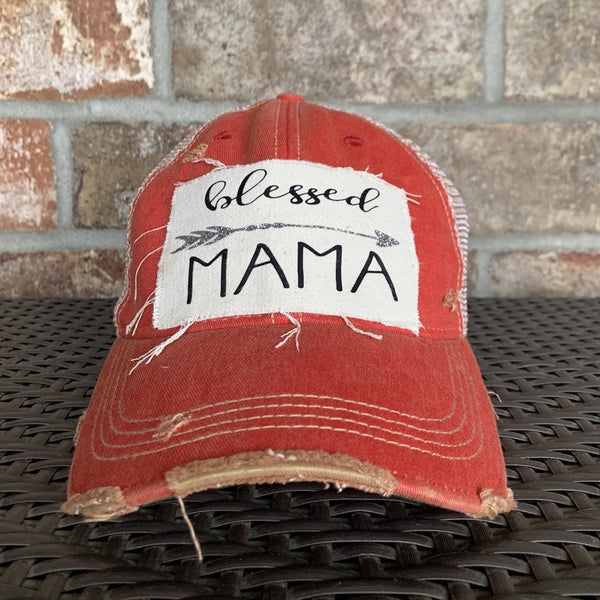Blessed Mama hat by BohoGroove featuring black Blessed Mama lettering and arrow graphic on a red vintage distressed snapback hat