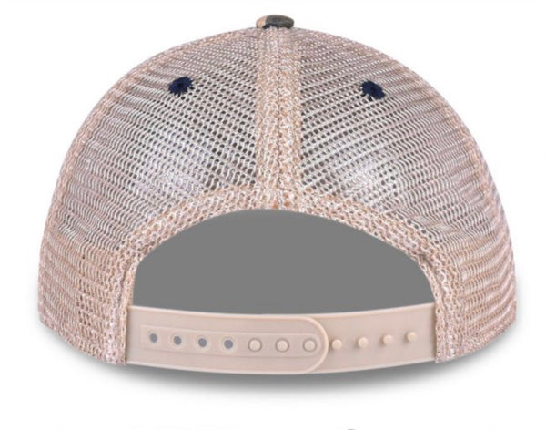 Back view of BohoGroove vintage distressed trucker hat with adjustable snapback closure and mesh back