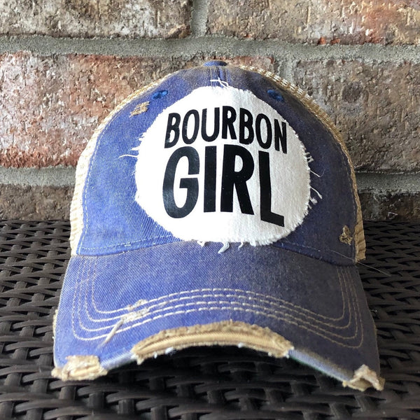 Bourbon Girl hat by BohoGroove with black lettering on a distressed off-white patch on a royal blue vintage distressed snapback.