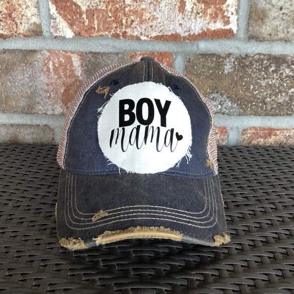 Boy Mama Hat by BohoGroove with black Boy Mama lettering and heart graphic on distressed off-white patch on a navy blue vintage distressed snapback