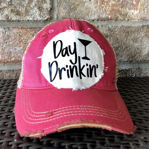 Day Drinkin hat by BohoGroove with black Day Drinkin lettering and martini glass graphic on distressed off-white patch on a pink vintage distressed snapback.