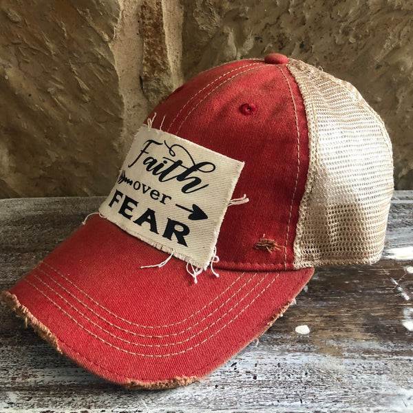 Faith Over Fear hat by BohoGroove with black Faith Over Fear lettering and arrow graphic on distressed off-white patch on red vintage distressed snapback right side.