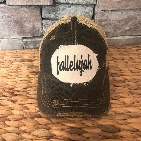 Fallelujah hat by BohoGroove with black fallelujah lettering on a cream patch on a black vintage distressed snapback.