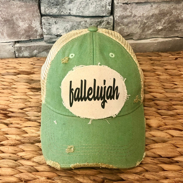 Fallelujah hat by BohoGroove with black fallelujah lettering on a cream patch on a mint vintage distressed snapback.