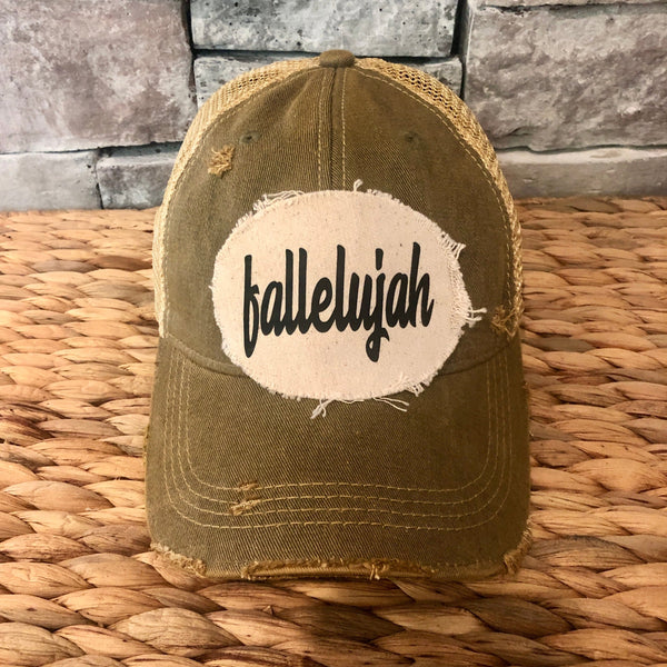 Fallelujah hat by BohoGroove with black fallelujah lettering on a cream patch on an olive vintage distressed snapback.