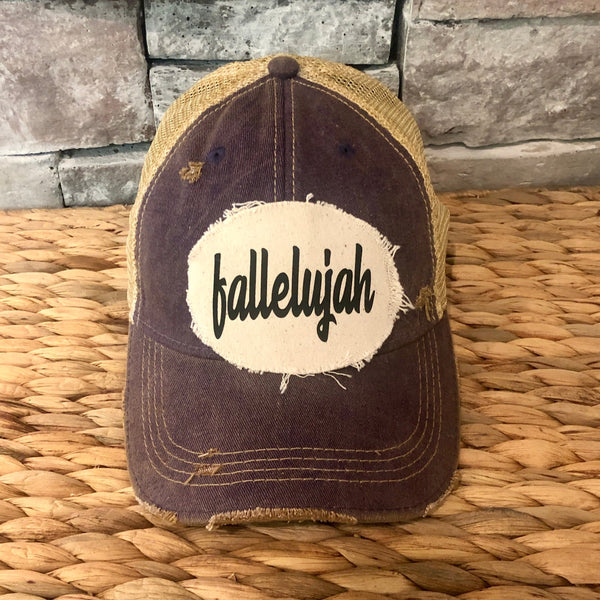 Fallelujah hat by BohoGroove with black fallelujah lettering on a cream patch on a purple vintage distressed snapback.