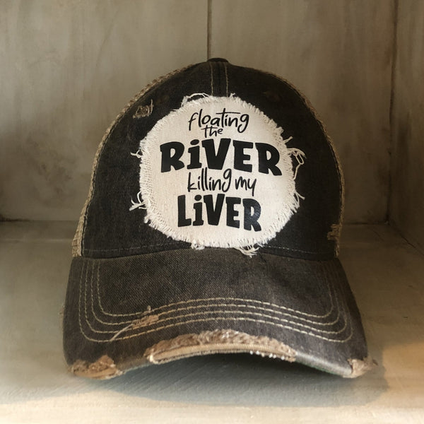 Floating the River Killing My Liver hat by BohoGroove featuring distressed off-white patch with black writing on a black vintage distressed snapback