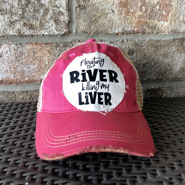 Floating the River Killing My Liver hat by BohoGroove featuring distressed off-white patch with black writing on a pink vintage distressed snapback