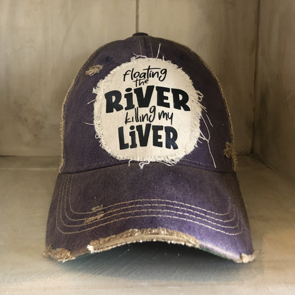 Floating the River Killing My Liver hat by BohoGroove featuring distressed off-white patch with black writing on a purple vintage distressed snapback