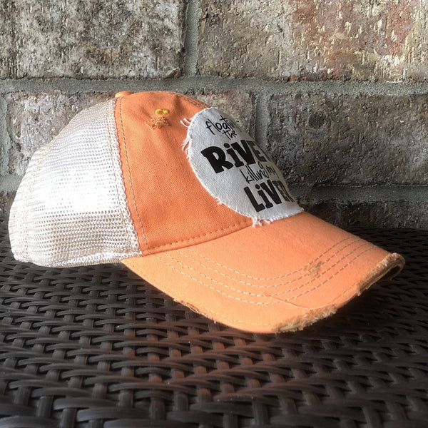 Floating the River Killing My Liver hat by BohoGroove featuring distressed off-white patch with black writing on a sherbet vintage distressed snapback left side