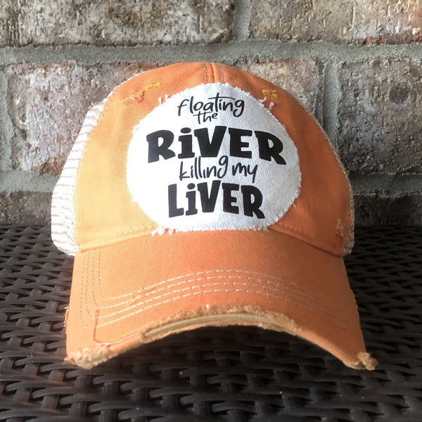 Floating the River Killing My Liver hat by BohoGroove featuring distressed off-white patch with black writing on a sherbet vintage distressed snapback