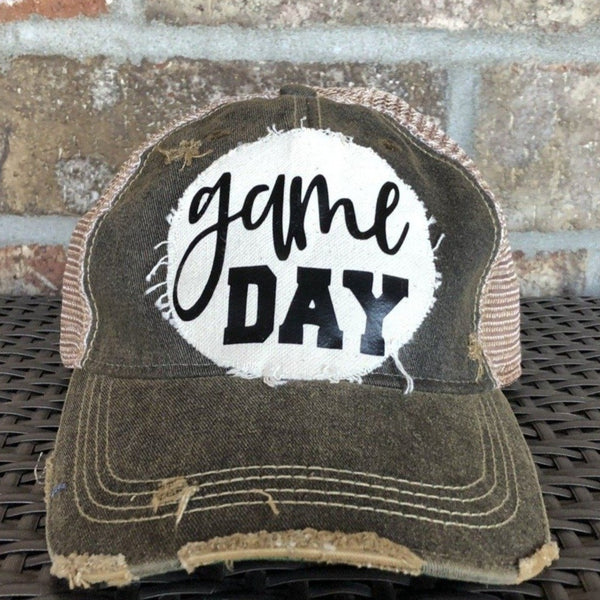 Game Day sports hat by BohoGroove with black Game Day lettering on distressed off-white patch on black vintage distressed snapback.