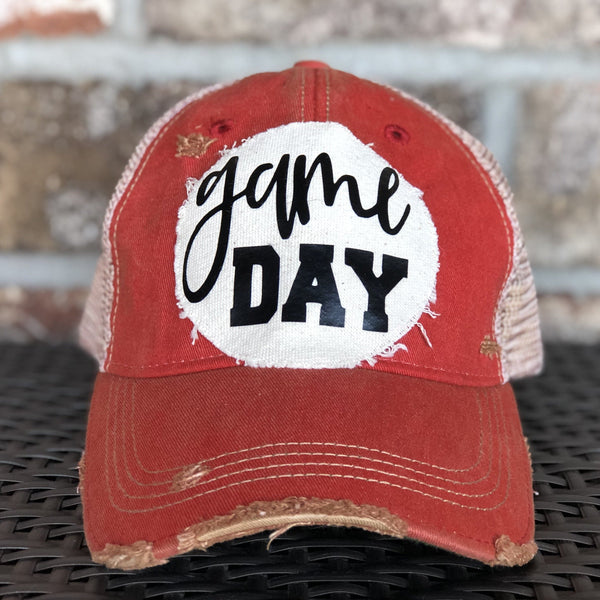 Game Day sports hat by BohoGroove with black Game Day lettering on distressed off-white patch on red vintage distressed snapback.