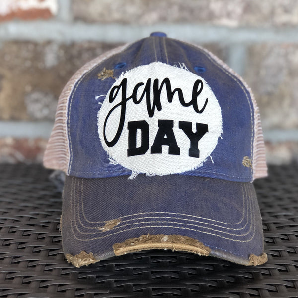 Game Day sports hat by BohoGroove with black Game Day lettering on distressed off-white patch on royal blue vintage distressed snapback.