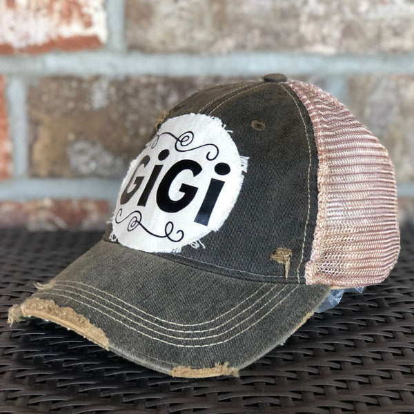 Gigi Hat by BohoGroove with black Gigi lettering on distressed off-white patch on a black vintage distressed snapback right side 