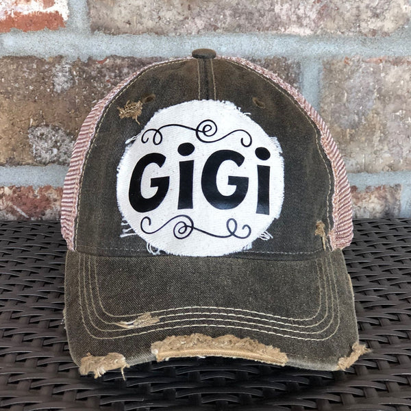 Gigi Hat by BohoGroove with black Gigi lettering on distressed off-white patch on a black vintage distressed snapback