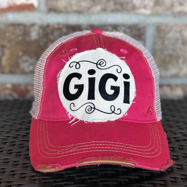 Gigi Hat by BohoGroove with black Gigi lettering on distressed off-white patch on a pink vintage distressed snapback