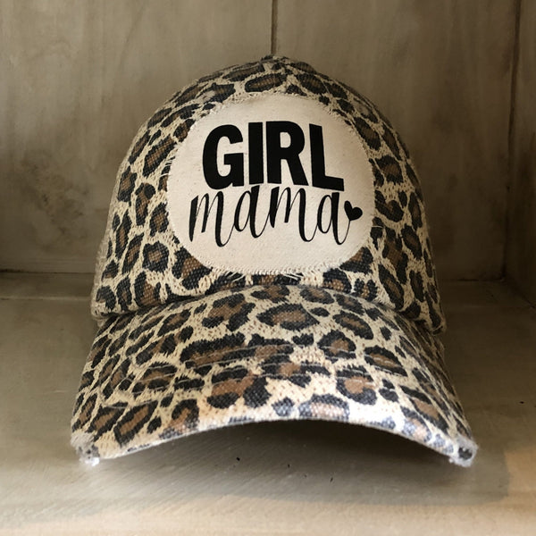 Girl Mama hat by BohoGroove with black Girl Mama lettering and heart graphic on distressed off-white patch on a leopard vintage distressed snapback.