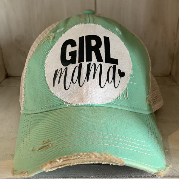 Girl Mama hat by BohoGroove with black Girl Mama lettering and heart graphic on distressed off-white patch on a mint vintage distressed snapback.