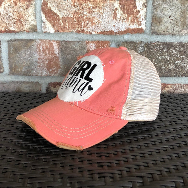 Girl Mama hat by BohoGroove with black Girl Mama lettering and heart graphic on distressed off-white patch on a pink melon vintage distressed snapback right side