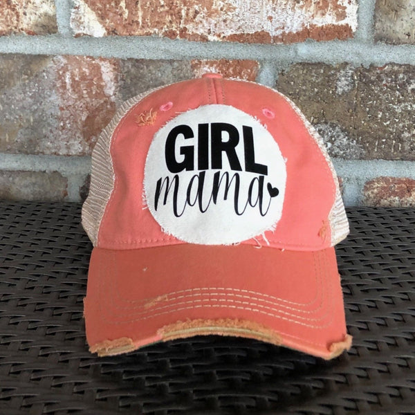 Girl Mama hat by BohoGroove with black Girl Mama lettering and heart graphic on distressed off-white patch on a pink melon vintage distressed snapback.