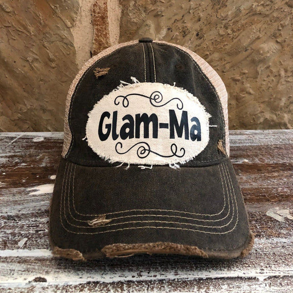 Glam-Ma hat by BohoGroove with black Glam-Ma lettering on distressed off-white patch on a black vintage distressed snapback.