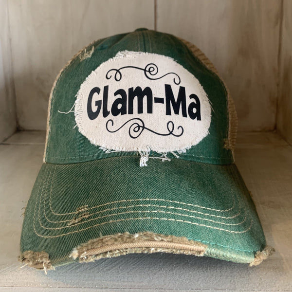 Glam-Ma hat by BohoGroove with black Glam-Ma lettering on distressed off-white patch on a green vintage distressed snapback.