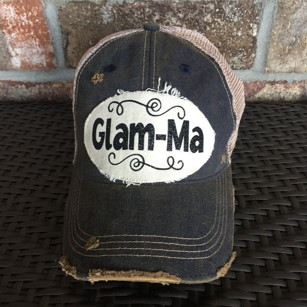 Glam-Ma hat by BohoGroove with black Glam-Ma lettering on distressed off-white patch on a navy blue vintage distressed snapback.