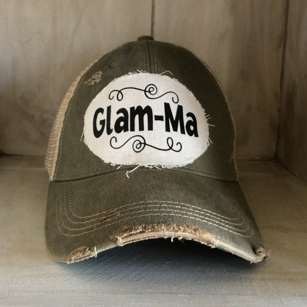Glam-Ma hat by BohoGroove with black Glam-Ma lettering on distressed off-white patch on an olive vintage distressed snapback.