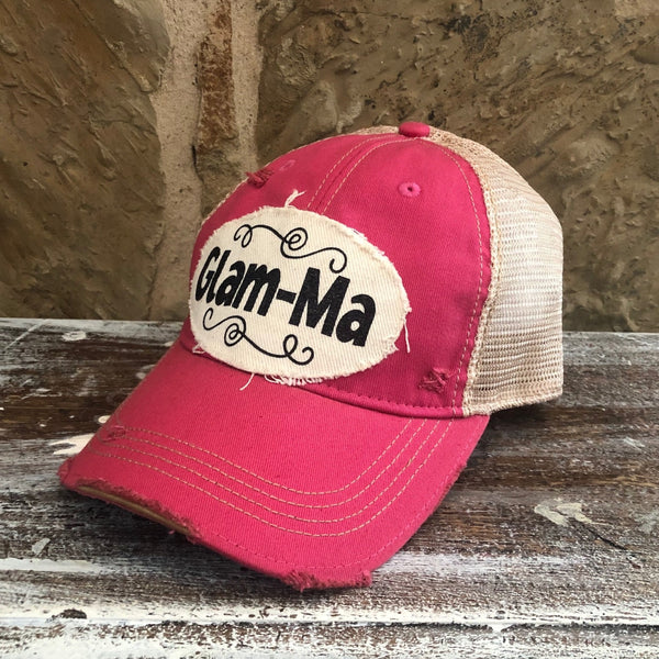Glam-Ma hat by BohoGroove with black Glam-Ma lettering on distressed off-white patch on a pink vintage distressed snapback right side