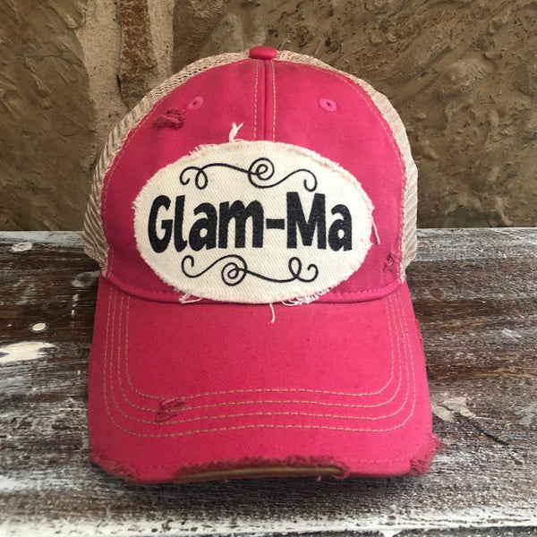 Glam-Ma hat by BohoGroove with black Glam-Ma lettering on distressed off-white patch on a pink vintage distressed snapback.