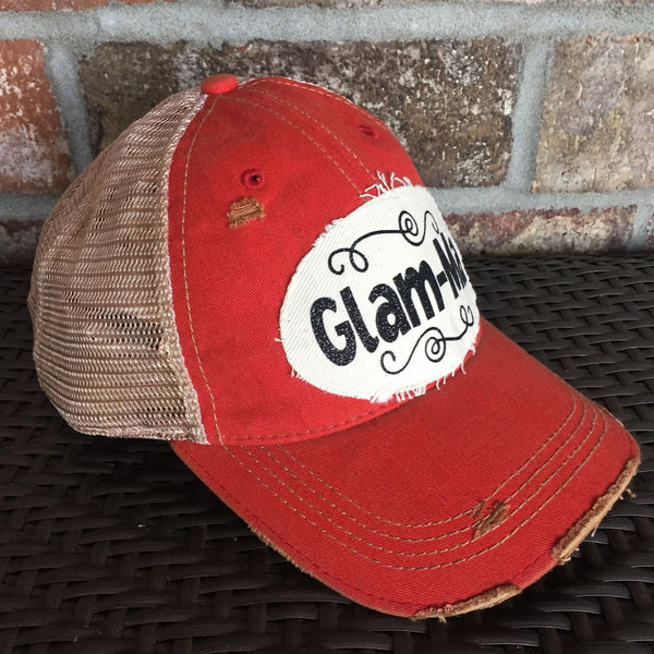 Glam-Ma hat by BohoGroove with black Glam-Ma lettering on distressed off-white patch on a red vintage distressed snapback right side