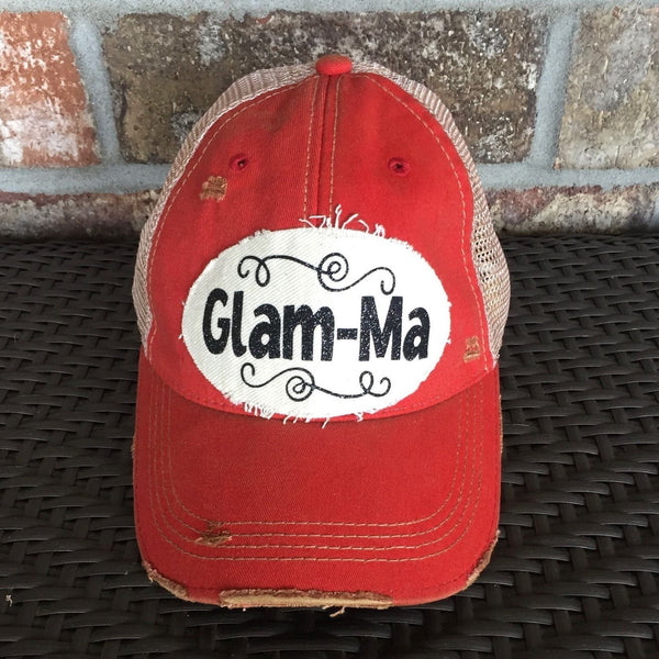 Glam-Ma hat by BohoGroove with black Glam-Ma lettering on distressed off-white patch on a red vintage distressed snapback.