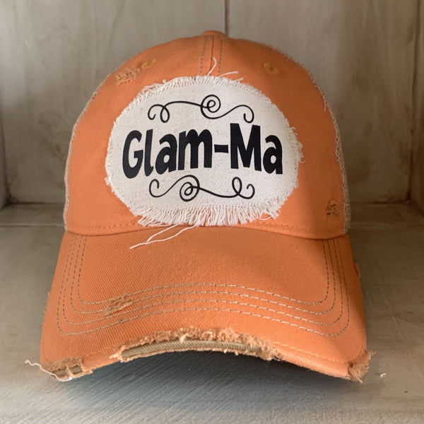 Glam-Ma hat by BohoGroove with black Glam-Ma lettering on distressed off-white patch on a sherbet vintage distressed snapback.