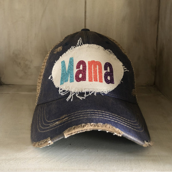 Mama Hat by BohoGroove with turquoise, pink, orange, and purple glitter Mama lettering on distressed off-white patch on a royal blue vintage distressed snapback