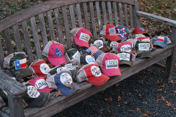 Group of BohoGroove hats on a bench