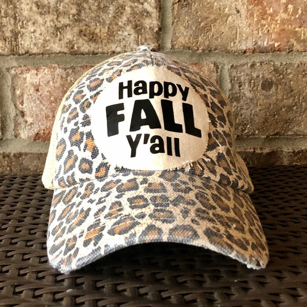 Happy Fall Y’all hat by BohoGroove with black Happy Fall Y’all lettering on a cream patch on a leopard vintage distressed snapback.