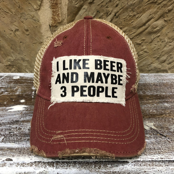 I Like Beer and Maybe 3 People hat by BohoGroove with black lettering on a distressed off-white custom patch on a brick red vintage distressed snapback.