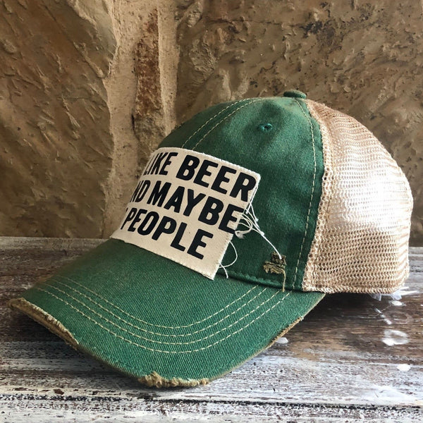 I Like Beer and Maybe 3 People hat by BohoGroove with black lettering on a distressed off-white custom patch on a green vintage distressed snapback right side.