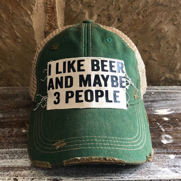 I Like Beer and Maybe 3 People hat by BohoGroove with black lettering on a distressed off-white custom patch on a green vintage distressed snapback.