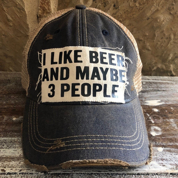 I Like Beer and Maybe 3 People hat by BohoGroove with black lettering on a distressed off-white custom patch on a navy blue vintage distressed snapback.